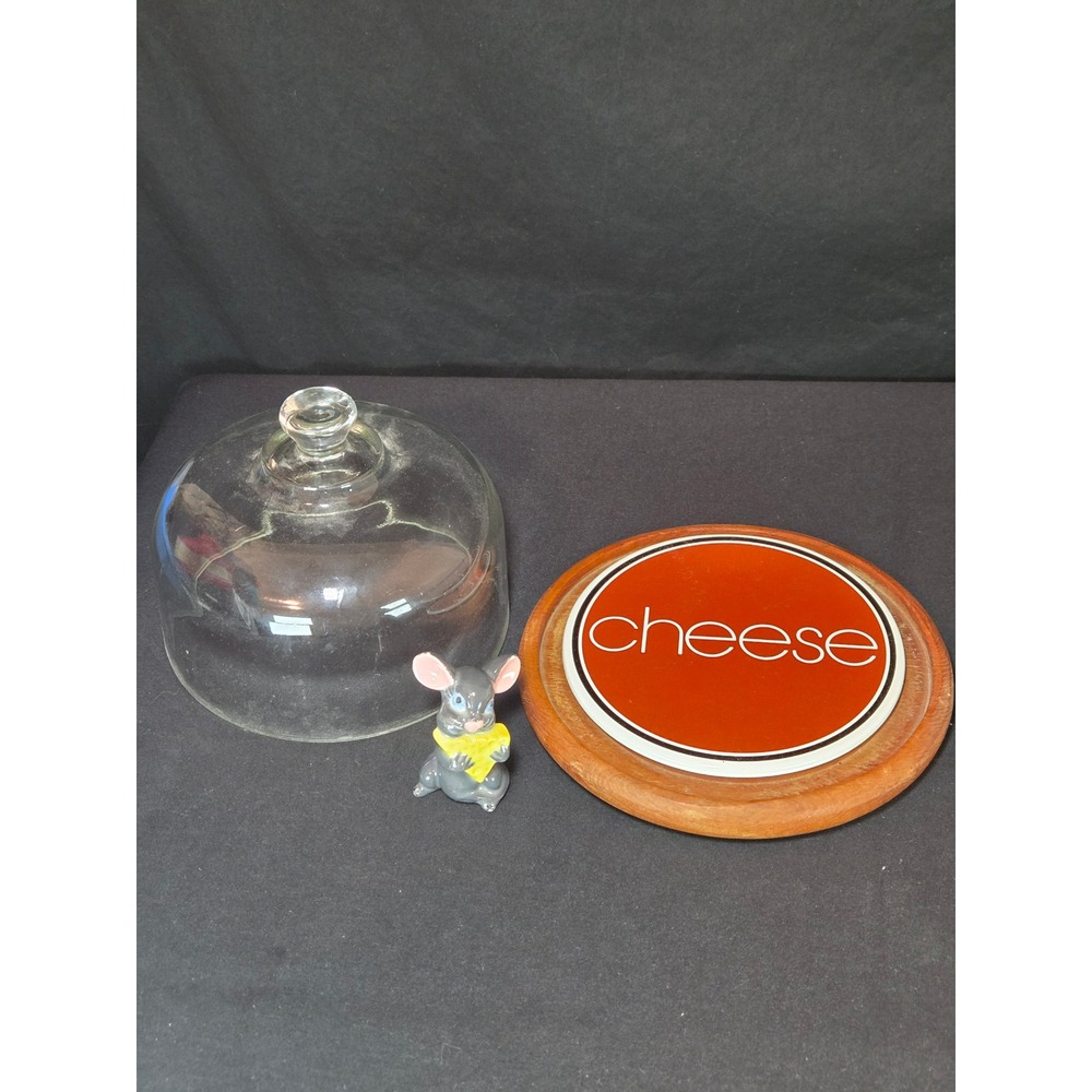 Vintage GoodWood Teak Cheese Board Set Glass Dome‎ Cloche Ceramic Mouse Tile